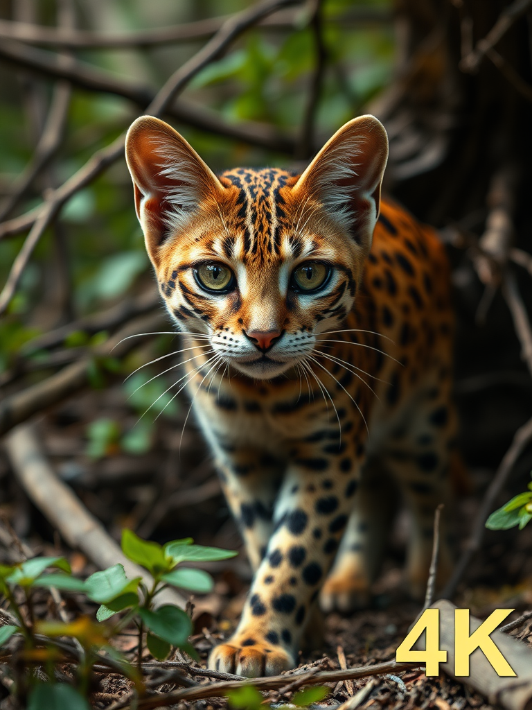 A realistic 4K image of a Rusty Spotted Cat in its natural, yet endangered habitat. The cat, known for its distinctive spotted fur, is depicted in high detail, showcasing its beautiful coat and unique patterns. The background features its natural environment, such as dense forests or shrubs, with subtle indications of habitat loss or damage, like felled trees or degraded areas. The lighting highlights the cat’s fur and facial expression, emphasizing the importance of conservation efforts for this near-threatened species.