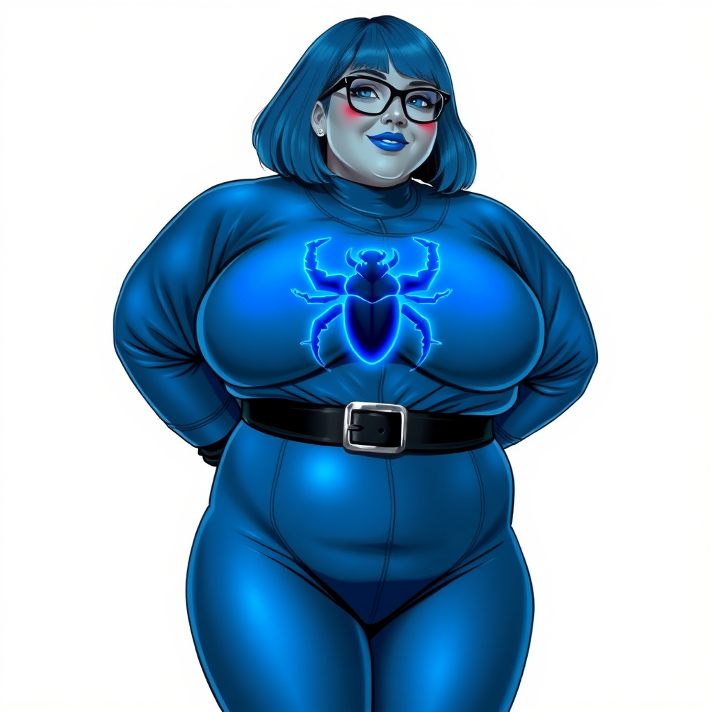 A 28-year-old, full-figured, middle gray metal-skinned computer program-human hybrid with a maximum blue bob cut. She has an obvious non-athletic build. She is the digital sidekick, computer hacker, and nerdy girlfriend of her cyberpunk vigilante boyfriend. Her middle gray metallic skin, distinct from any other character, highlights her digital nature. She wears maximum blue lipstick and has bright blue eyes. Her outfit includes an oversized, loose fitting, digital, computerized, maximum blue full bodysuit (accentuating her non-athletic figure) with a neon blue glowing chest icon of a beetle on its chest, black belt with a sapphire scarab beetle buckle, and black gloves. Black eyeglasses accentuate her nerdiness, and she has a lovestruck smile with neon red blush. Her non-athletic full figure consists of a prominent, gargantuan, round midsection (with the full emphasis on her round gargantuan belly), gigantic limbs, and broad shoulders, reflecting the doting care of her vigilante boyfriend. She has a bashful pose with her hands behind her back on a solid white background. She is drawn as if she was in a retro 2D cyberpunk fighting game. Ensure her oversized loose fitting full bodysuit covers all her bare skin (especially her prominent round gargantuan belly). Her oversized loose fitting full bodysuit is influenced by Watchmen's Silk Spectre II. She is clearly non-athletic, with emphasis on her full-figured and pudgy physique.