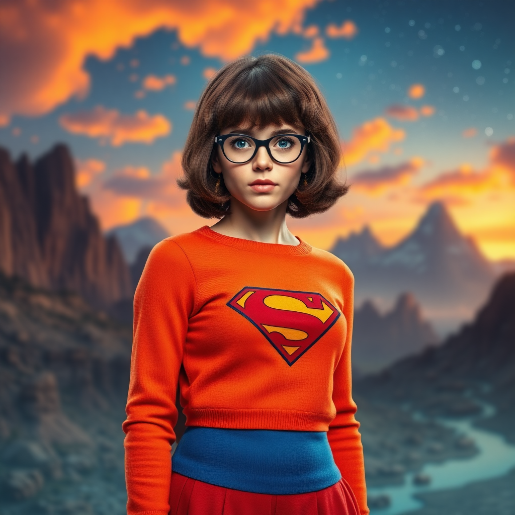 Create a full-length hyper-realistic image of Velma Dinkley, maintaining her head and popular hairstyle, but using the male body type of Superman. Transform her iconic orange sweater and skirt, adjusting the costume to fit the new proportions while excluding any elements from Superman’s costume. Design a background that merges the vibrant, mystical elements of both characters' worlds, incorporating clues and mysteries from Velma's universe alongside Superman's heroic landscapes. Focus on blending the two aesthetics while ensuring the character remains recognizable and engaging.