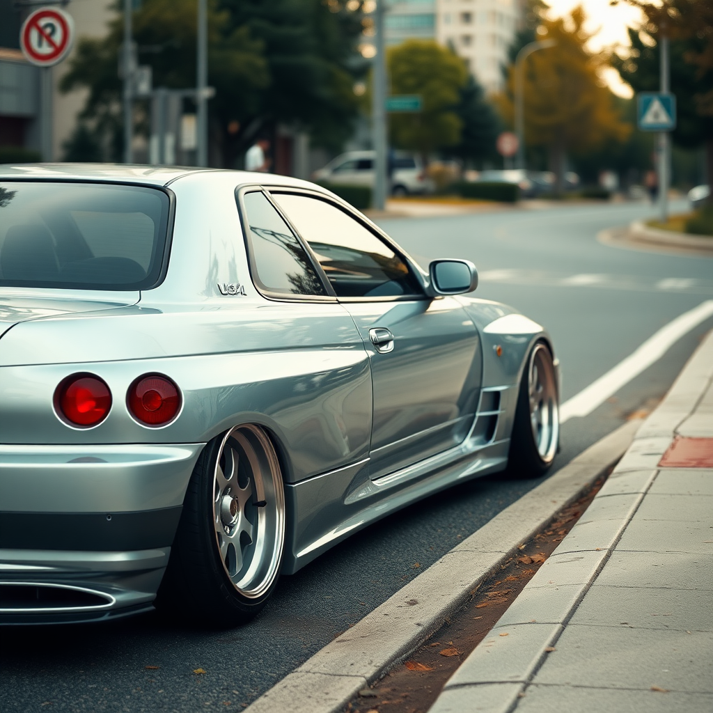 The car is parked on the side of the road, inspired by Taiyō Matsumoto, tumblr, restomod, nd4, c4 metallic shine nissan skyline r34 tokyo gece arkaplan