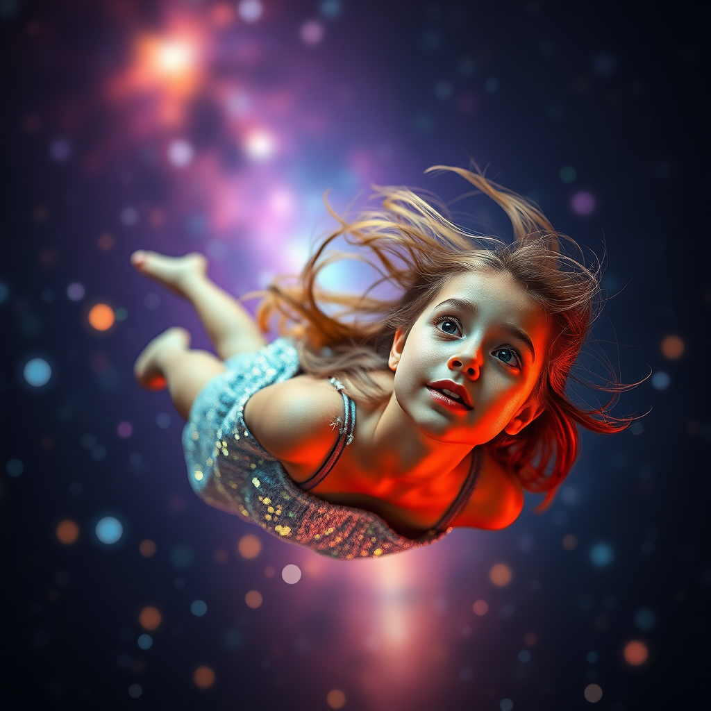 preteen girl floating in space, Low Key Lighting, dreamscape, nebula, Bokeh, abstract, brilliant colors, glittering, translucent, iridescent, natural skin, glowing, artistic photo, panoramic, amazement, airy, original, experimental, interdimensional