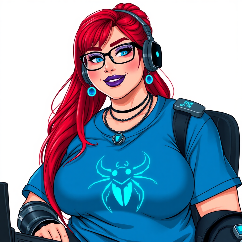 A cyberpunk vigilante’s full-figured intelligent and tech-savvy 29-year-old girlfriend, who is a computer hacker and tech genius. She has a long ruby red ponytail and bright blue eyes. She wears maximum blue lipstick, a sapphire beetle gemstone necklace, sapphire earrings, black eyeglasses, hi-tech metal arm armor, and an oversized maximum blue t-shirt featuring a neon blue glowing icon of a scarab beetle on its chest. She has a full-figured physique with a giant, round midsection, reflecting her well-cared-for lifestyle. She sports a sapphire headset with a hi-tech maximum turquoise lensed HUD, and a beaming smile with a passionate bright red blush. Despite her figure and a lack of self-esteem, she radiates beauty. She has a slim face which contributes to her radiant beauty. She serves as his tech expert from his hideout, diligently working at her lab table and computer desk. The background is solid white. She is drawn as if she was in a retro 2D cyberpunk fighting game.