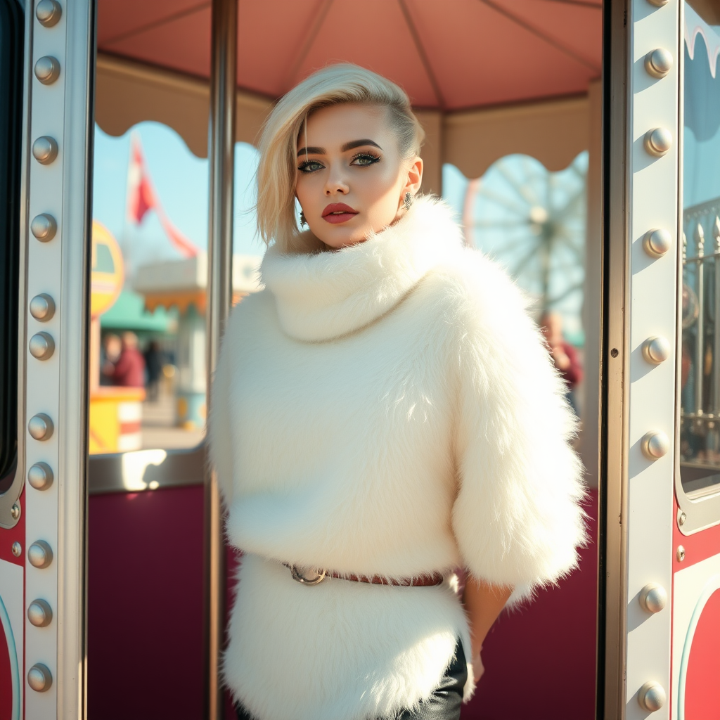 Amusement park “kissing booth”, sunny spring Sunday morning. Sam, 19 years old beautiful involuntary femboy, rebellious intractable character, petite boyish figure, platinum blond boyish rebel punk hairstyle, flawless heavily made-up face with sharp arched tattooed eyebrows, wearing Supertanya-style fluffy very fuzzy bright white angora thigh-length turtleneck-poncho fully covering body and arms, silver-glitter leggings, black leather high-heeled pumps, silver earrings, both hands tied to pole behind back, standing inside kissing booth, waiting for next customer to kiss. Focus on Sam’s face and turtleneck-poncho.