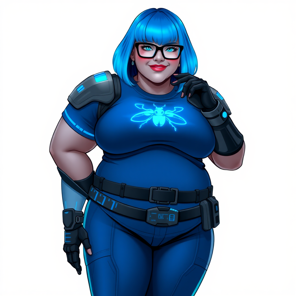 A 28-year-old, full-figured, Middle Gray skinned, computer program hybrid with a maximum blue bob cut. She has a non-athletic, full-figured build, highlighted by a prominent, round, large midsection (with heavy emphasis on her large belly). As the full-figured, nerdy, digital sidekick to her cyberpunk vigilante boyfriend, her metallic middle gray skin and maximum blue lipstick emphasize her digital nature. She wears a digital, computerized costume, consisting of a huge, tight-fitting, maximum blue t-shirt with a neon blue glowing chest icon of a beetle, hi-tech shoulder pads with neon blue glowing accents, a black hi-tech belt with a digital neon blue glowing buckle, digital maximum blue pants with neon blue accents, and black hi-tech gloves with neon blue glowing accents. Her bright blue eyes, black eyeglasses with neon blue glowing lenses with a built-in HUD, and shy smile with neon red blush accentuate her nerdiness. She stands bashfully with one hand behind her back and the other hand gently touching her cheek, her costume covering all her skin and emphasizing her full-figured physique (especially her belly). She is clearly non-athletic, with a heavy focus on her large belly. Despite her build, she radiates beauty. She has a slim face compared to her physique, accentuating her radiant beauty. She is on a solid white background. She is drawn as if she were in a retro 2D cyberpunk fighting game.