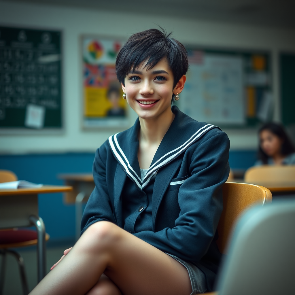 photorealistic, ultra high resolution, 16K, surreal fantasy, soft studio lighting, a pretty 17 year old goth male, slim male physique, short dark hair, blue eyes, goth makeup, earrings, sheer pantyhose, UK girls-school uniform, Mary-Jane shoes, sitting in the classroom, excited smile, facing the camera.