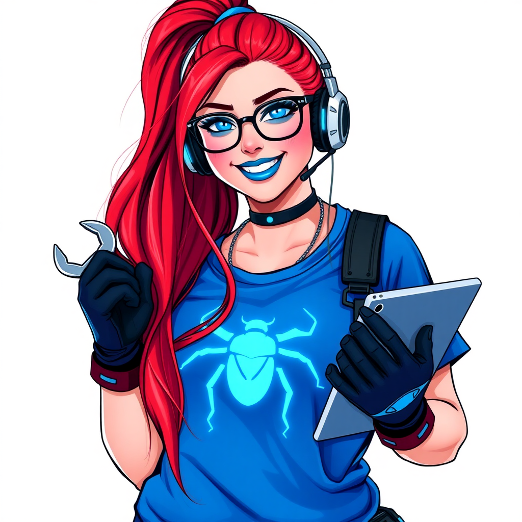 A full-sized, intelligent and tech-savvy 28-year-old computer hacker and tech genius. She has a long ruby red ponytail. She wears maximum blue lipstick, blue eyes, a sapphire beetle gemstone necklace, sapphire earrings, black eyeglasses, hi-tech power gloves, and a gigantic oversized maximum blue t-shirt featuring a neon blue glowing beetle chest icon. She has a full-figured physique with a gargantuan, round midsection, reflecting her well-cared-for lifestyle. She sports a sapphire headset with a hi-tech maximum turquoise lensed HUD, and a beaming smile accentuated by a passionate neon red blush. She serves as his tech expert from his hideout, holding a futuristic tool wrench and a futuristic digital tablet. The background is solid white. She is drawn as if she was in a retro 2D cyberpunk fighting game.