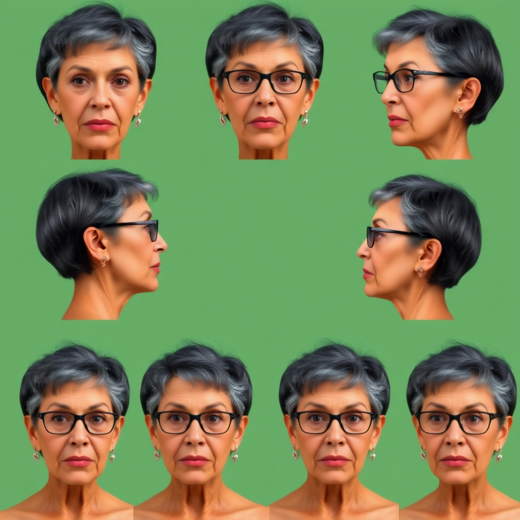 Photorealistic image of six headshots of a 50 Years old, fit, European, Latina, sharp aquiline nose, wrinkles, high cheekbones, Middle Eastern, Skinny, Tanned skin, Dark light skin, full Makeup, jewelry, Sharp nose, exaggerated expression, embarrassed, ashamed, delighted, mouth open, dark grey Ash hair, short bowl haircut, Brown eye color, Glasses, with detailed features. Each photo displays the same face in back, profile and front view, cut out and isolated on a green background. All six heads are visible side by side, empty space around each view, no overlapping.