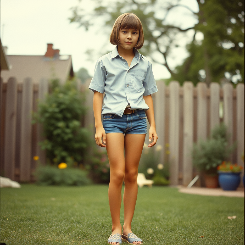 tall 14yo teen boy, long hair bob cut, wearing shirt and very tight booty shorts, long legs, narrow thighs, full-length front view. 1970s. Playing at backyard. photorealistic, ultra high resolution, 16K, Negative: grainy, blurry, bad anatomy, extra limbs, watermark.