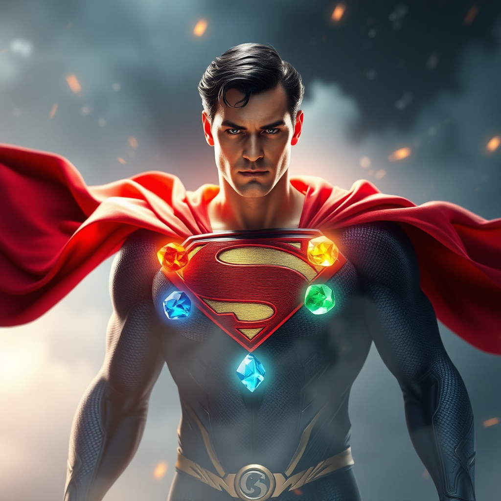 What if Superman had the 5 infinity stones. Cinematic Real3d photo-realistic quality.