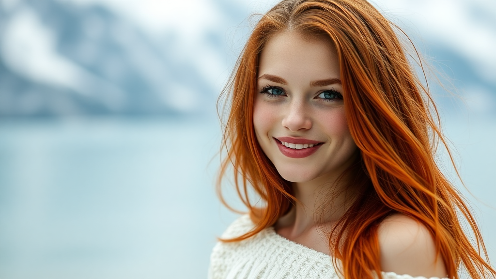 beautiful young woman with red long hair, full lips, pale skin, on Alaska, smiling