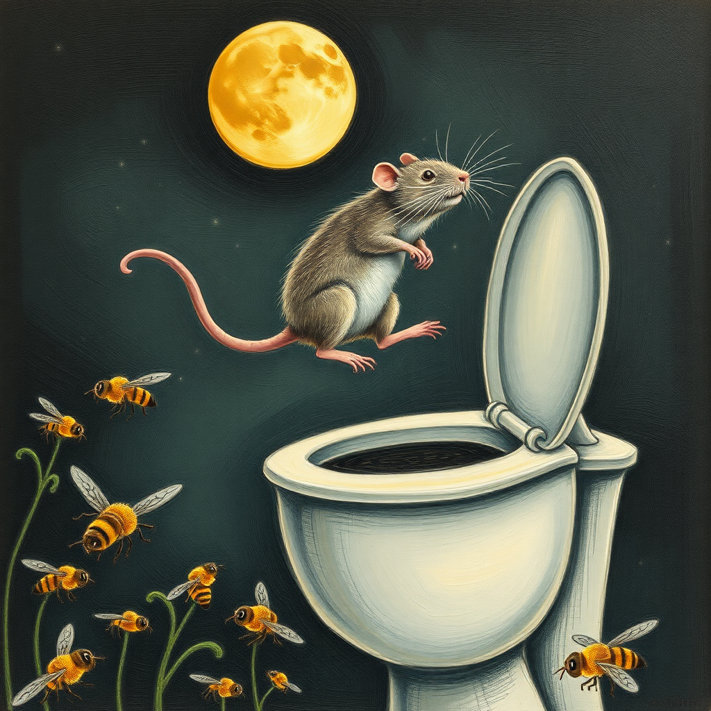 A rat jumping off the moon into a toilet, bees