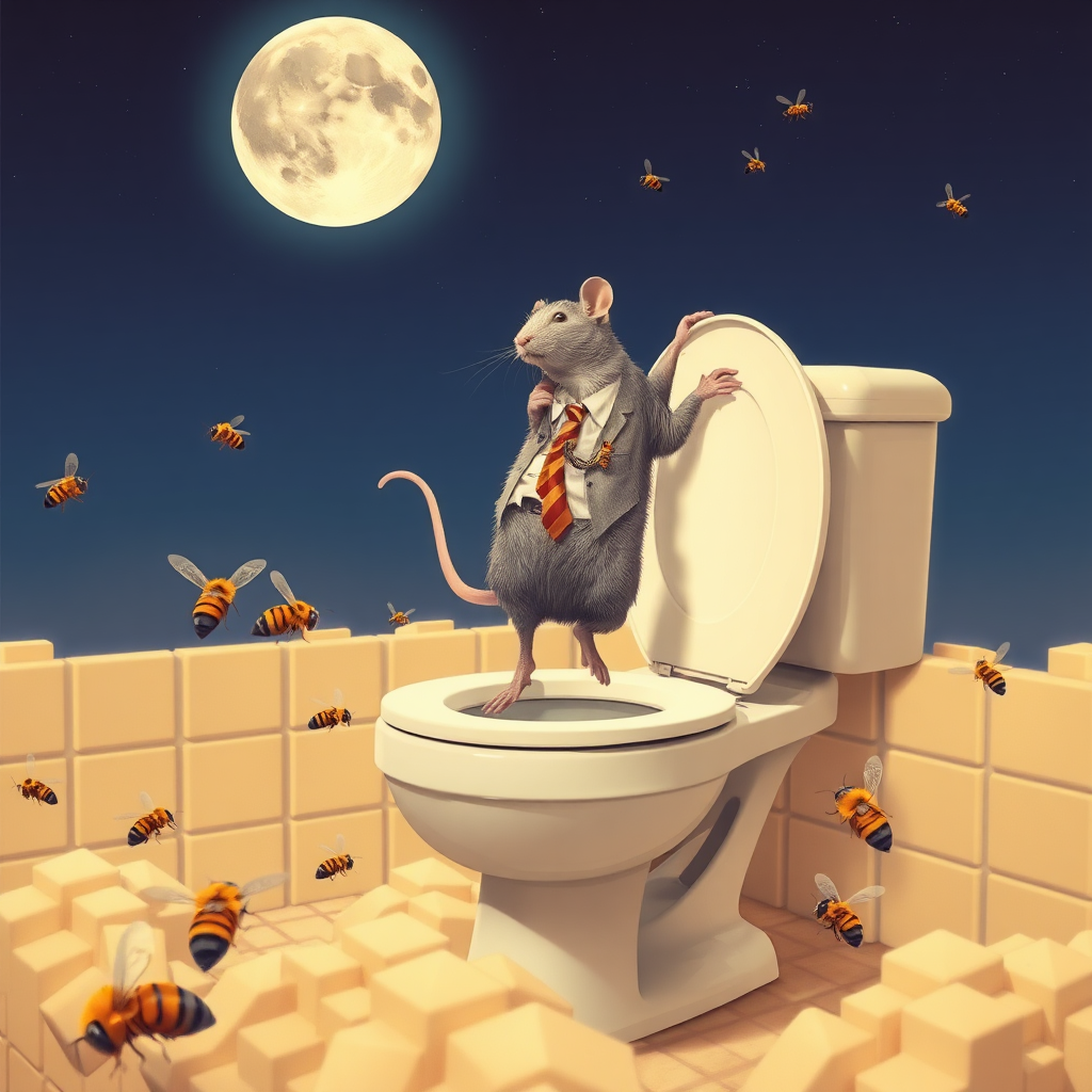 A rat politician diving off the moon into a toilet, bees, 2000s musical movie poster, no text, cyberpunk