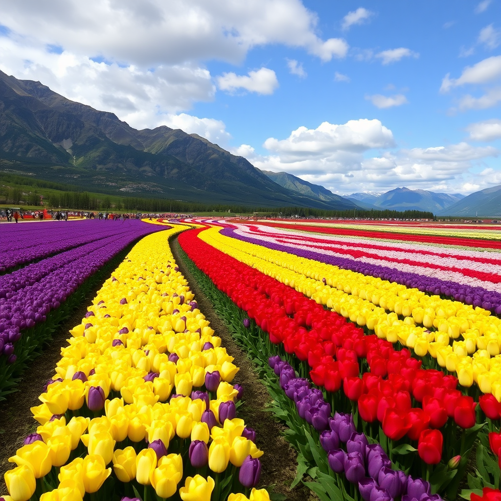 large and very long stretches of colored tulips in solid purple, yellow, red, and white, with the mountains in the background and a sky with clouds and many people present.