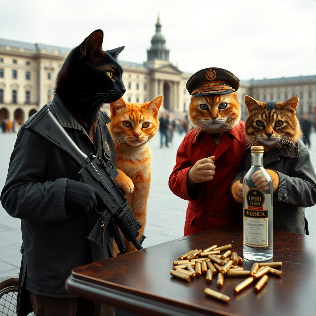 4 cat-men in a large square, a dark-skinned one holding an AK-47, an orange one wearing a Russian military cap, a dark brown and a light brown, USSR communist with vodka, behind a table with bullet casings on it (film-style photo)