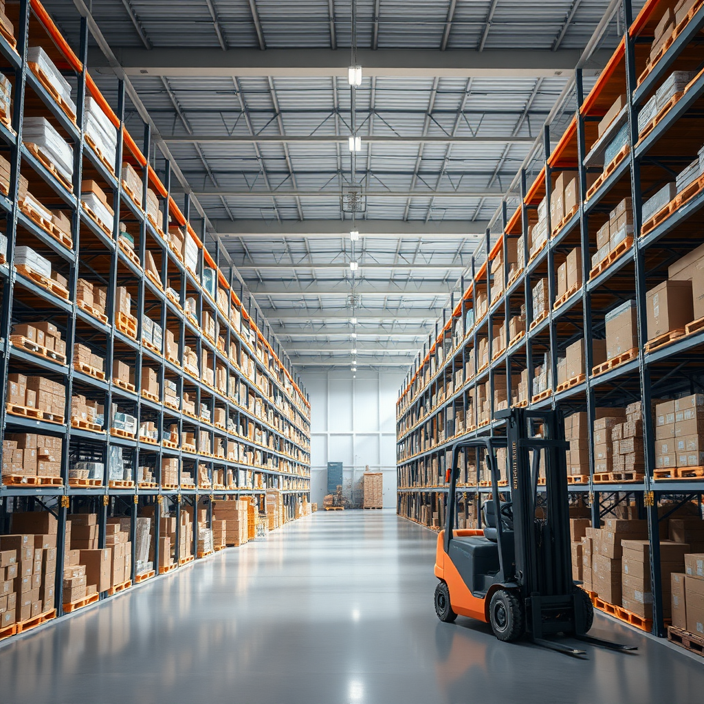 Create a high-resolution stock photo of a modern warehouse interior. The scene should include tall shelves filled with various boxes and products, a spacious layout with clear pathways, and bright overhead lighting. Include a forklift. The overall atmosphere should convey efficiency and organization, with a clean and professional look. NO text.