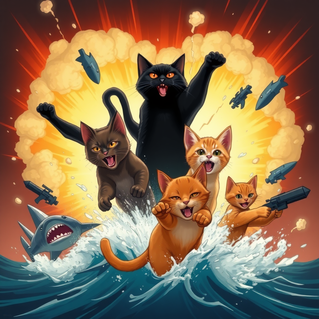 1 black cat, 1 dark brown cat, 1 light brown cat, and 1 orange cat emerging from an explosion with sharks and weapons.