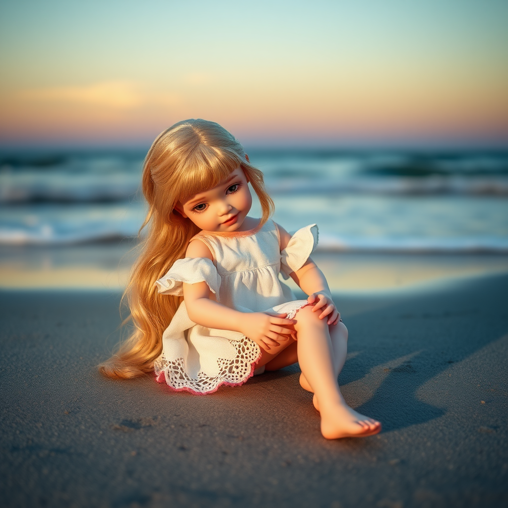 ooak art doll playing on the beach in the evening, blue hour, artist doll, realistic doll, life-like porcelain doll, young preteen girl, unique personality, bisque doll, aesthetic, artistic photography, sunshine, natural, translucent, reflective