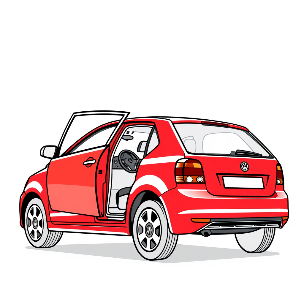 red vw polo II car, driver's door wide open, long establishing shot, 2D, caricature, cartoon, Sketch lines, coloring book, coloring book style on white background, well composed, clean coloring book page, No dither, no gradient, strong outline, No fill, No solids, vector illustration, realistic proportions, blueprint, left side view