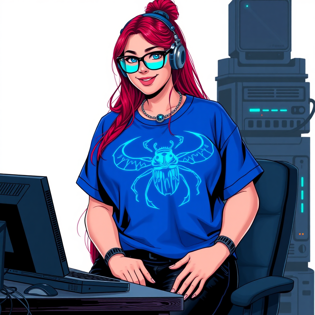 A cyberpunk vigilante’s full-figured intelligent and tech-savvy 29-year-old girlfriend, who is a computer hacker and tech genius. She has a long ruby red ponytail and bright blue eyes. She wears a sapphire beetle gemstone necklace, and an oversized maximum blue t-shirt featuring a giant neon blue glowing icon of a beetle on its chest. She has a full-figured physique with a prominent, gargantuan, well-rounded midsection, reflecting her well-cared-for lifestyle. She sports a sapphire headset with hi-tech maximum turquoise lensed HUD visor, black eyeglasses, and a beaming smile with a passionate bright red blush. Despite her figure and a lack of self-esteem, she radiates an air of beauty. She has a slim face which contributes to her radiant beauty. She serves as his tech expert from his hideout, diligently working at her lab table and computer desk. The background is solid white. She is drawn as if she was in a retro 2D cyberpunk fighting game.