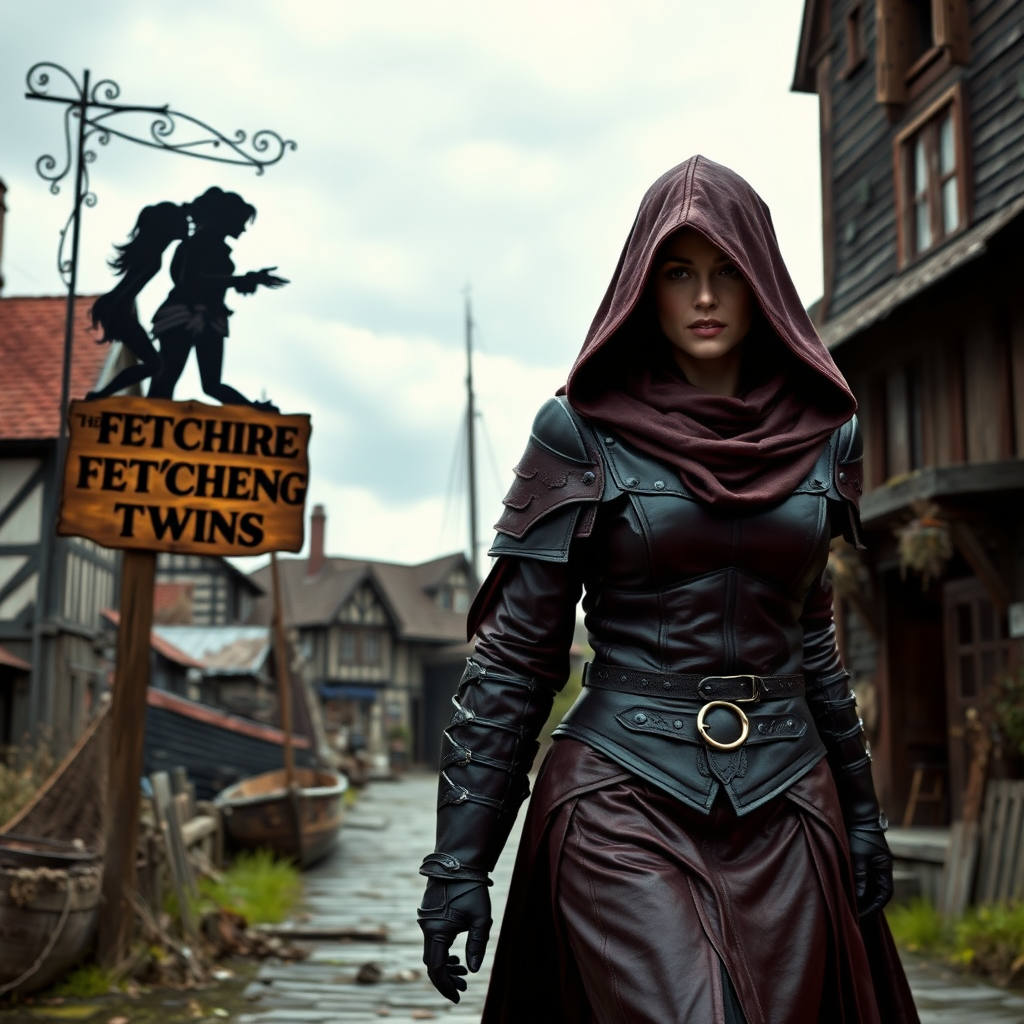 A wide distance shot of a female thief dressed in dark red leather armor and hood in a pastoral fantasy town. Manse in the background. She is fleeing from someone. Bar called "The Fetching Twins" wooden sign (consisting of a silhouette of two women leaning together for a kiss). Village of Dryden, dock with a run down ship.