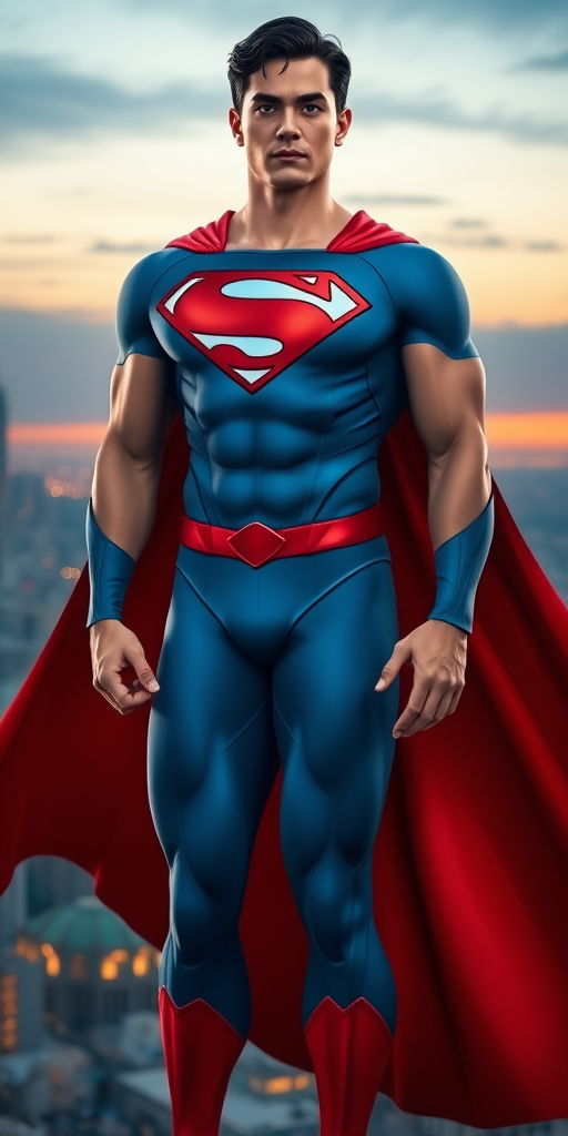 Create a photorealistic, full-length image of a superhero character inspired by Superman but with the bodily attributes of R Mika. The character should have a strong, muscular physique with defined biceps and triceps, showcasing a broad chest and powerful legs. The character's skin is smooth and has a healthy, sun-kissed glow. Their iconic blue suit features a large red emblem on the chest, complemented by a flowing red cape. The suit is form-fitting, accentuating the character's curves and muscular definition. The character has short, styled black hair, and an expression of confidence and determination. The background should depict a bustling city skyline at dusk, with glowing lights and the hint of a sunset, enhancing the heroic feel of the scene. Overall, the image should convey strength and heroism while blending elements from both Superman and R Mika.