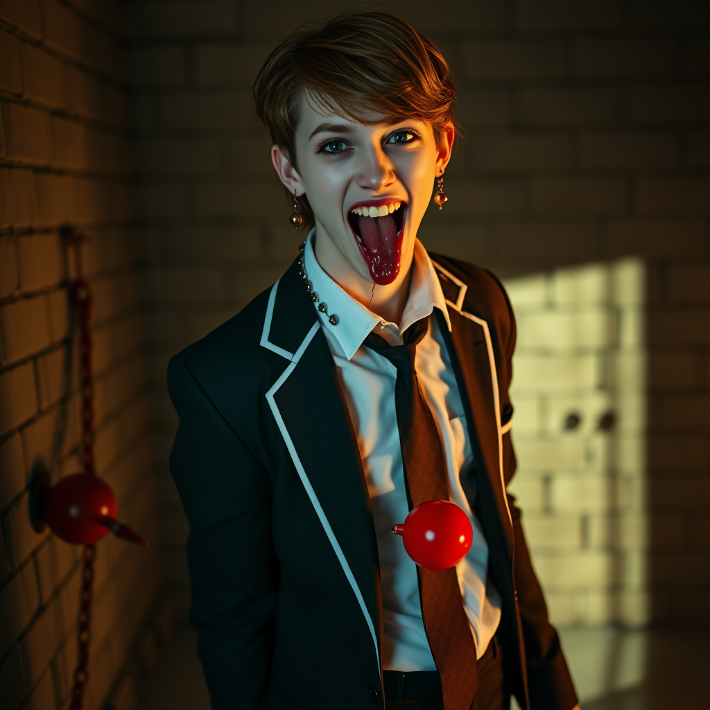 photorealistic, ultra high resolution, 16K, surreal fantasy, soft studio lighting, Tyler Swift is a pretty 18 year old goth male, slim male physique, auburn hair, , goth makeup, earrings, shiny black pantyhose, school uniform shirt tie and blazer, Mary-Jane shoes, spikey neck collar chain and leash, red ball-gag, in a dungeon, the end of the leash is chained to the wall, in daylight, excited open mouth smile, drooling a stream of saliva, facing the camera.