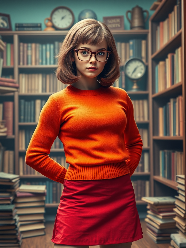 Create a photorealistic full-length image featuring Velma Dinkley as a composite character. Use a male bodybuilder's inverted triangle body type, maintaining Velma's head, hairstyle, and facial features. Retain her iconic orange sweater, red skirt, and glasses, adjusting to fit the new muscular physique. Craft the background inspired by Velma’s classic setting—include elements like bookshelves, magnifying glasses, and mysteries, bringing her world to life while emphasizing her analytical nature and adventurous spirit.