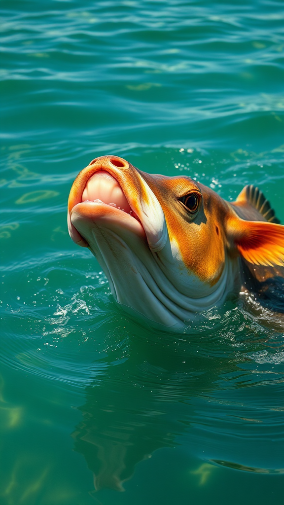 A big fish tail of fish mouth with cow mouth in water