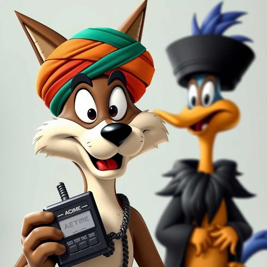 Wile E Coyote, wearing a turban, holding a black 1980's beeper that is branded Acme. Roadrunner in the background dressed in black like a hassidic jew, with a big black beard like a hassidic jew.