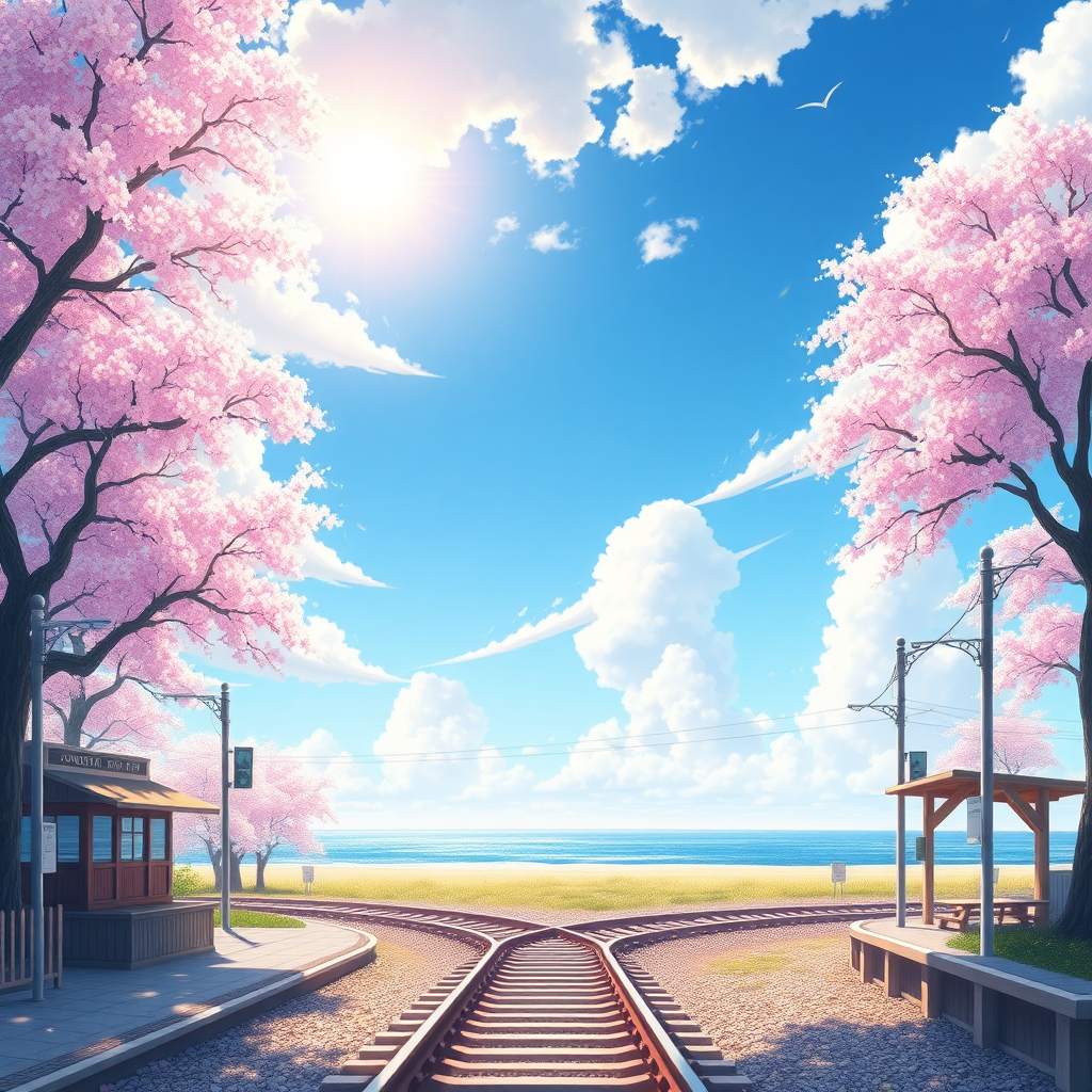 Beautiful pastel background wallpaper, blue sky, clouds, sunshine, ocean, beach, train, railroad crossing, old train station, detailed trees, cherry blossoms, detailed background, 8k, details, ultra realistic, pastelbg, clear water, water way,