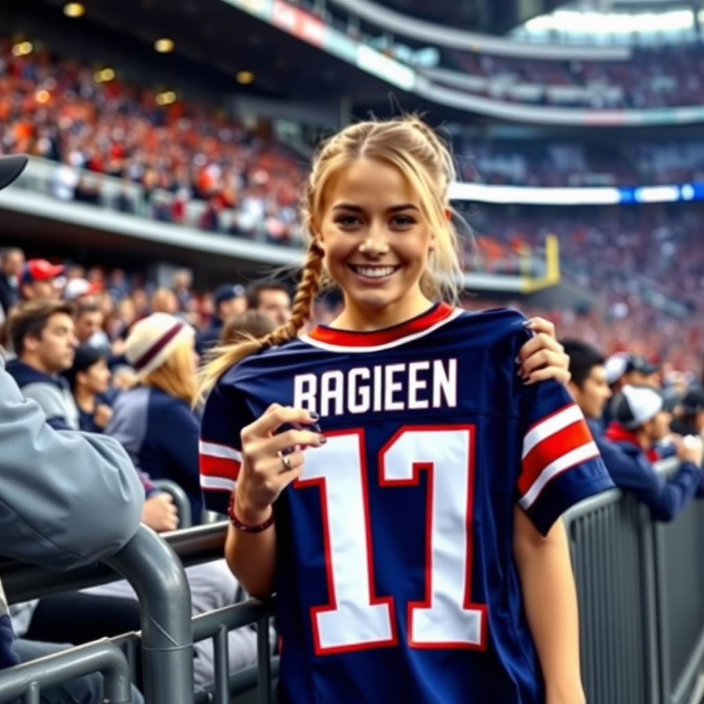 Attractive female NFL fan, pigtail hair, inside crowded front row stadium barricades, holding a spare jersey, asking a player to write an autograph on the spare jersey, in NFL stadium