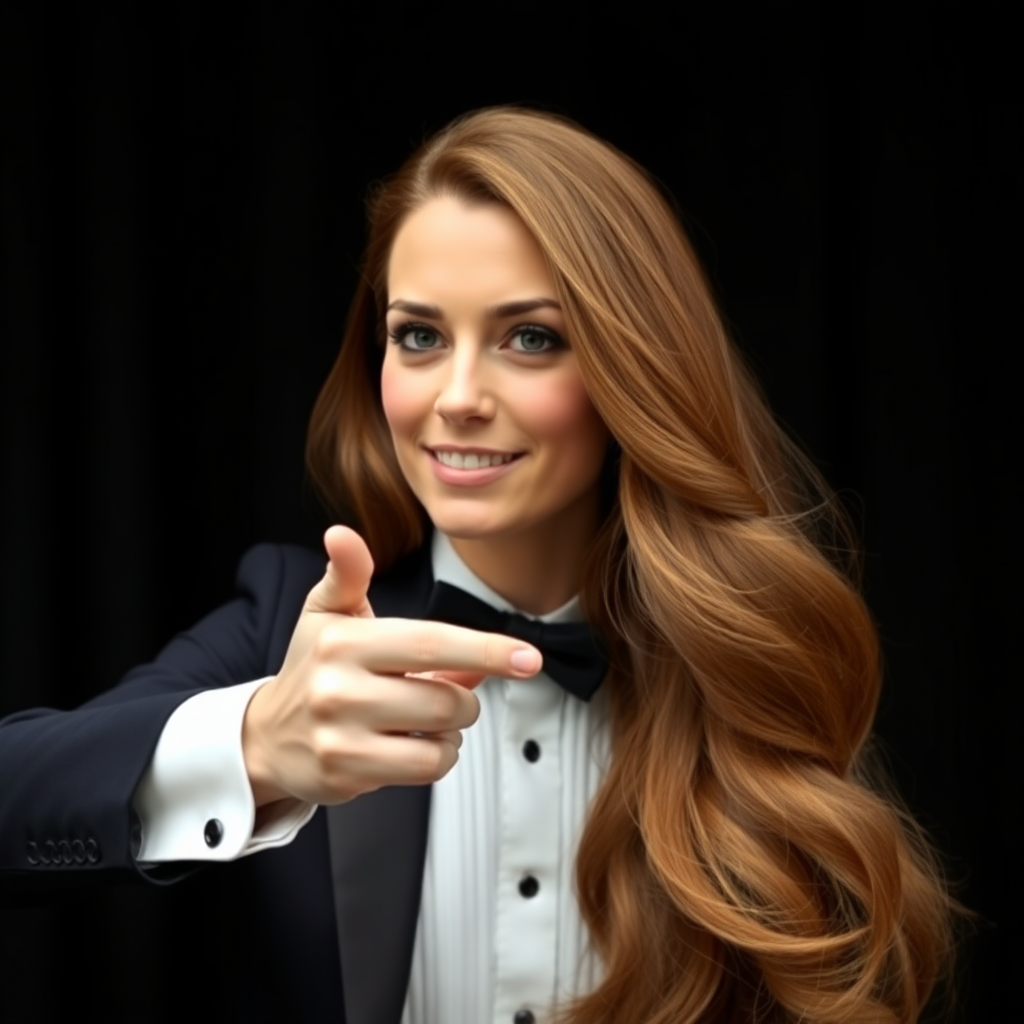 A surreal image of the beautiful very long haired Kate Middleton's disembodied head displayed to the camera by a male magician performing a magic trick.