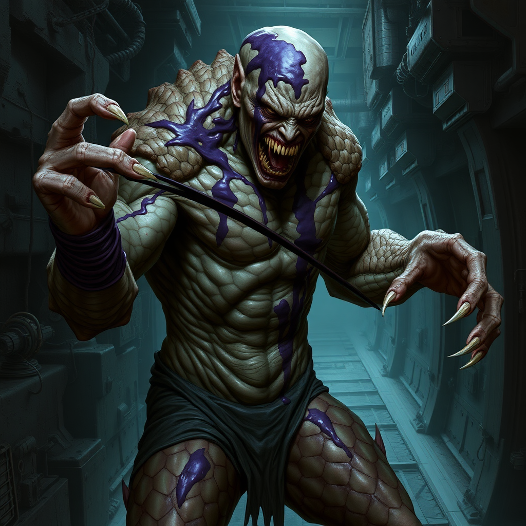 Sci-fi digital horror painting. Heavily mutated crew member, skin covered with sturdy scales, his body and limbs elongated and twisted while muscles ever tensing. Aggressive violent snarl on face. One hand has long sharp claws while the other looks relatively normal. Dark purple goo oozing all over him. Dark rocky industrial corridor.