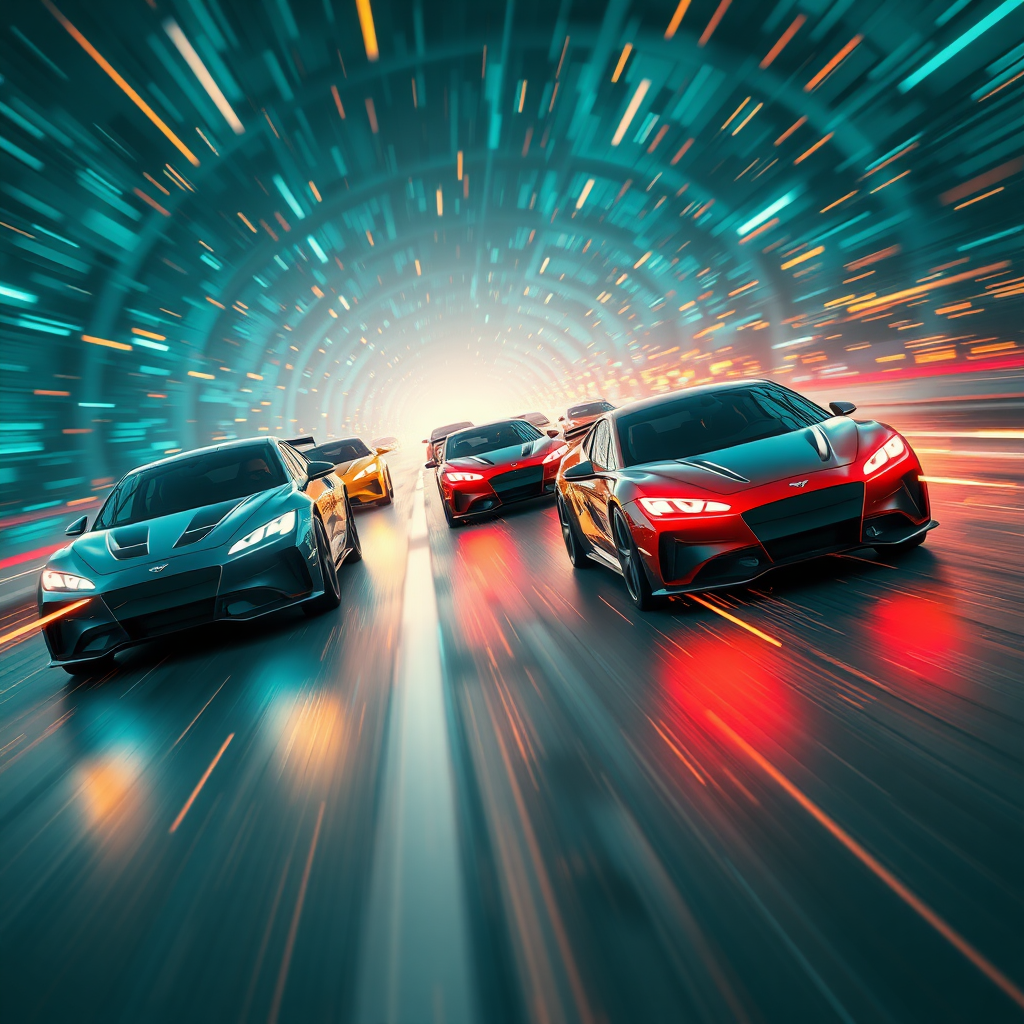 A realistic 3D rendering of electric cars racing through cyberspace, with a cyber-like background and electric sparks that give off a sense of speed.