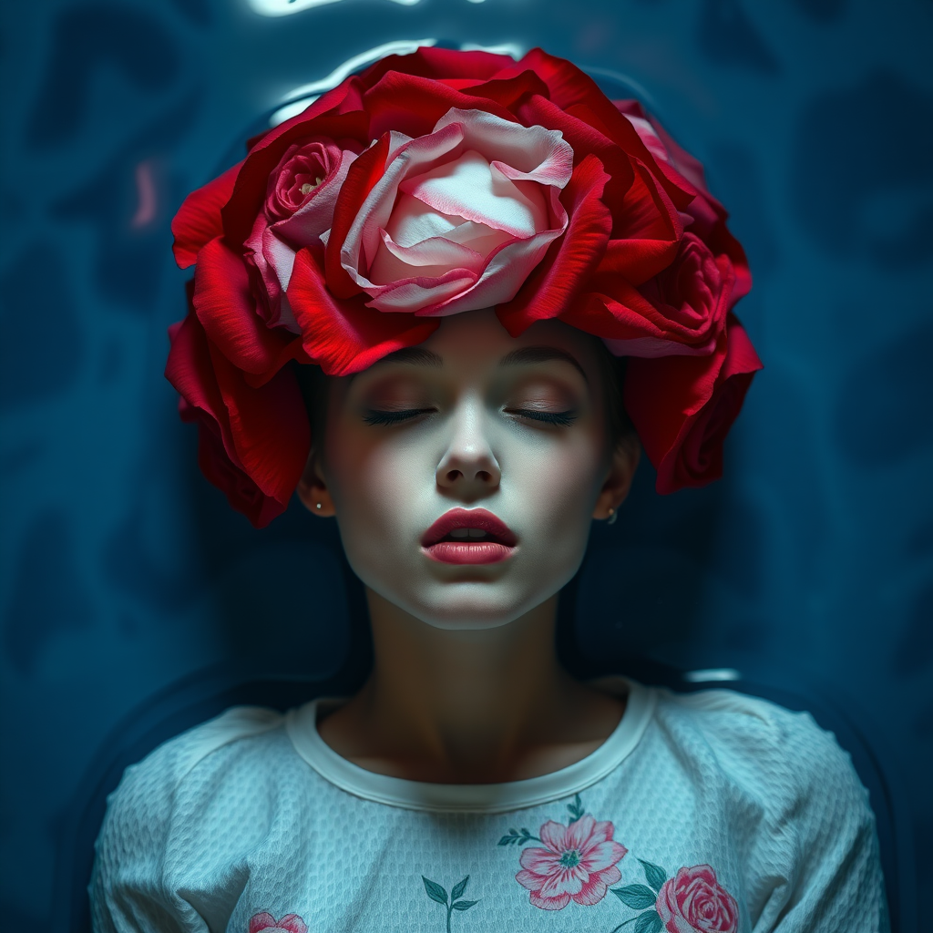 A red rose bouquet head, no human, front view, wearing a white textured dress with pastel minimal floral print design, closeup shot, hyperrealistic, lying inside water with blue and pink effect, nighttime, dark