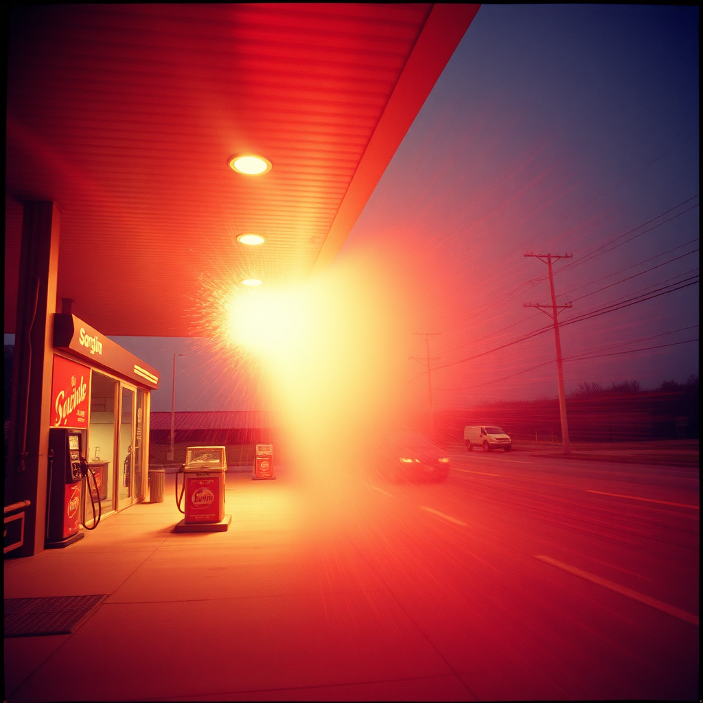 Highly detailed Kodachrome color real surrealist photograph from 1974 of Metal motion comes in bursts But the gas station can quench that thirst