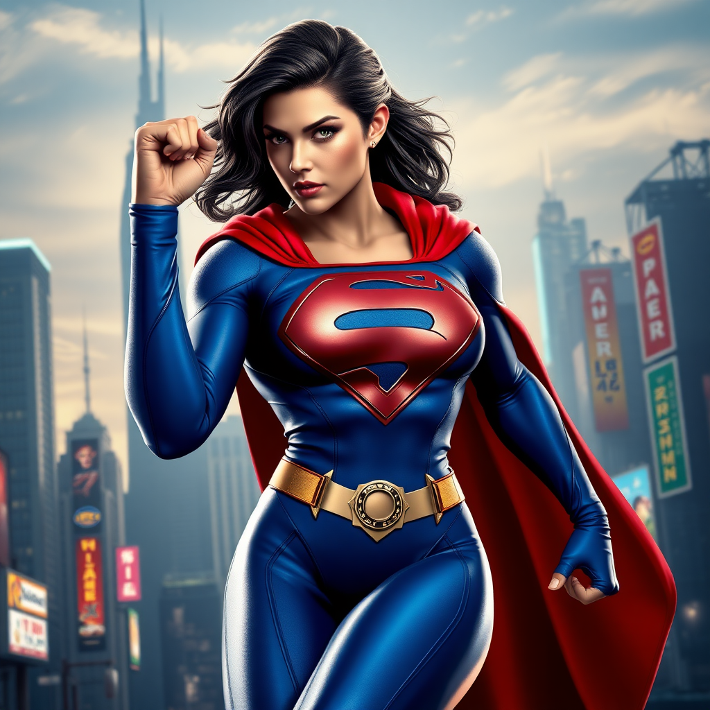 Full-length render: Hybrid superhero merging Superman's head, hair, costume on Chun-Li's athletic body. Adapt iconic blue suit, red cape, 'S' emblem to fit feminine physique. Maintain Superman's facial features, hairstyle. Background blends Metropolis skyline, futuristic skyscrapers, neon signs reminiscent of Street Fighter stages. Dynamic pose showcasing strength, agility. Dramatic lighting emphasizes heroic presence. Crisp details, vibrant colors. Seamless fusion of DC Comics, fighting game aesthetics. Photorealistic style, cinematic composition.