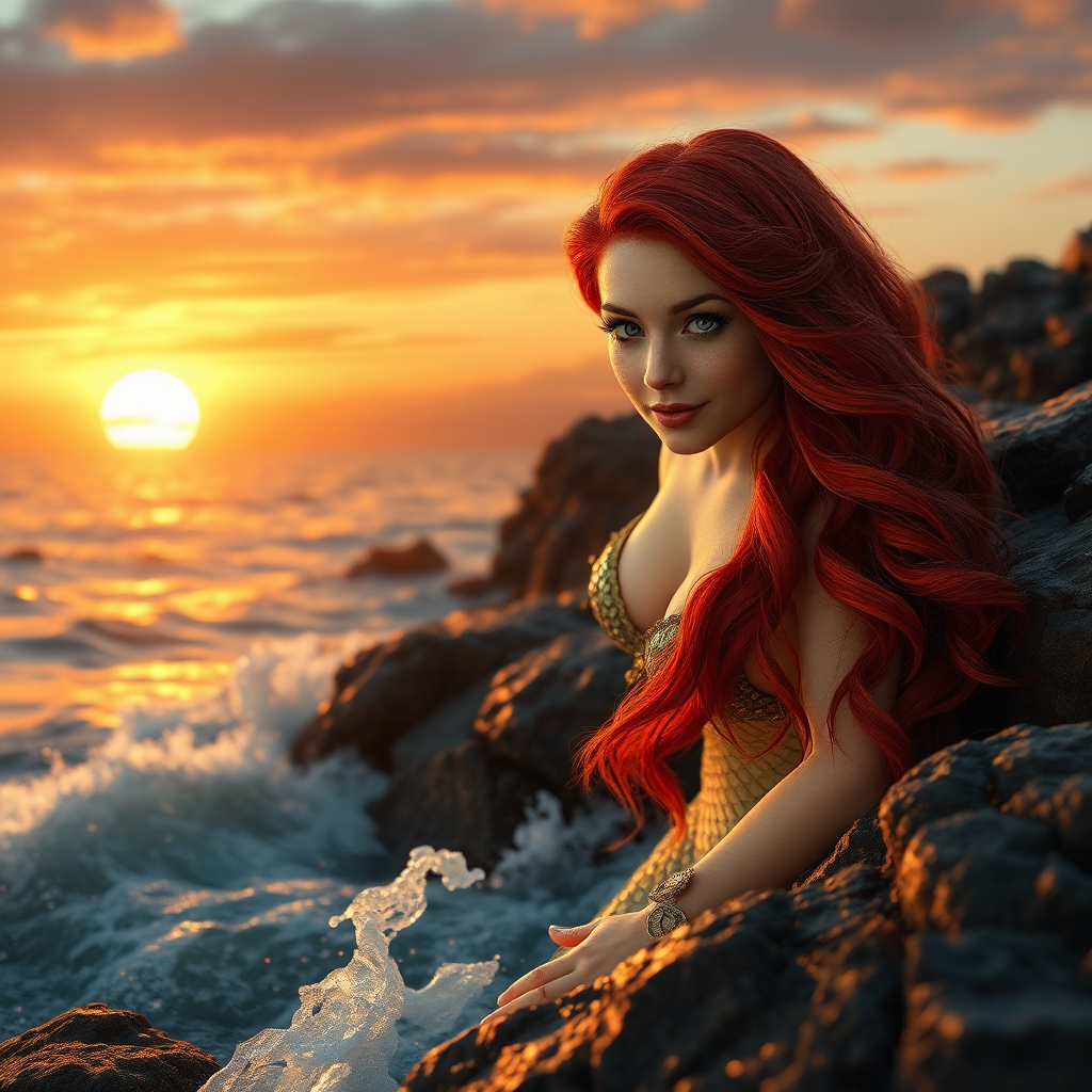 A highly detailed, photorealistic image of a beautiful red-headed mermaid gracefully emerging from the ocean onto rugged rocks. Her long, flowing red hair cascades over her shoulders, glistening with droplets of seawater. She has captivating green eyes and shimmering scales that reflect the golden hues of the sunset. The scene is bathed in warm, golden light as the sun sets, casting a mesmerizing glow on the tranquil sea and sky painted with vibrant shades of orange, pink, and purple. Waves gently crash against the rocks, and delicate sea spray adds a dynamic element to the composition. The image should have cinematic depth, ultra-high resolution (8K), and showcase intricate details with realistic textures and dramatic lighting.