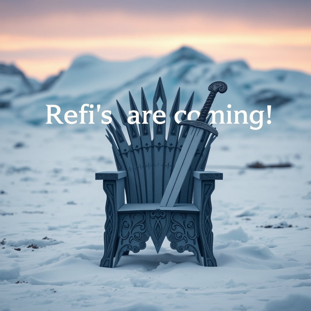 A movie scene in Antarctica depicting the game of thrones sword chair made out of paper. The text in the background says “Refi’s are coming.” Epic theme and high quality cinematic elements.