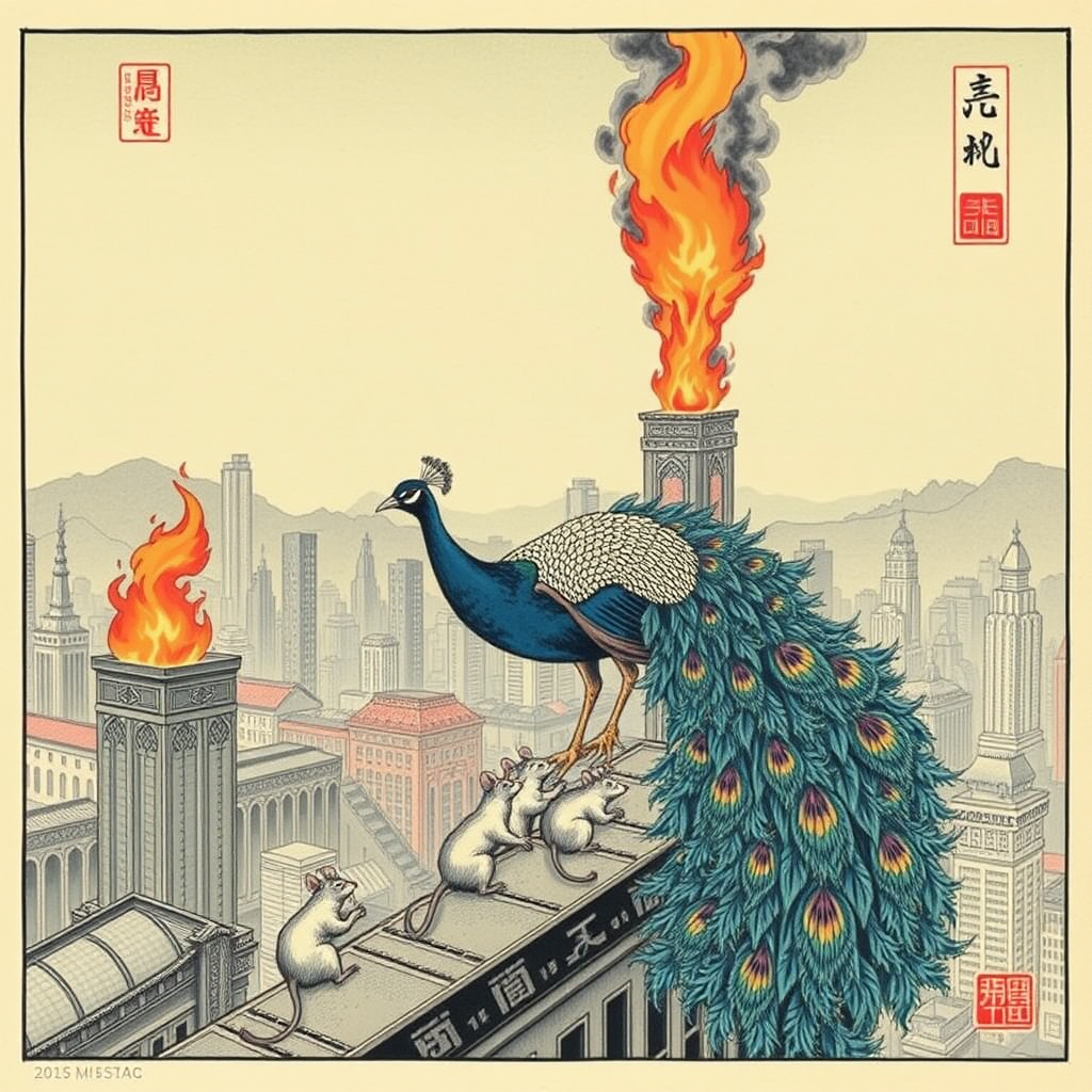 A peacock saving rats from a burning skyscraper, Chinese woodcut, Catholic