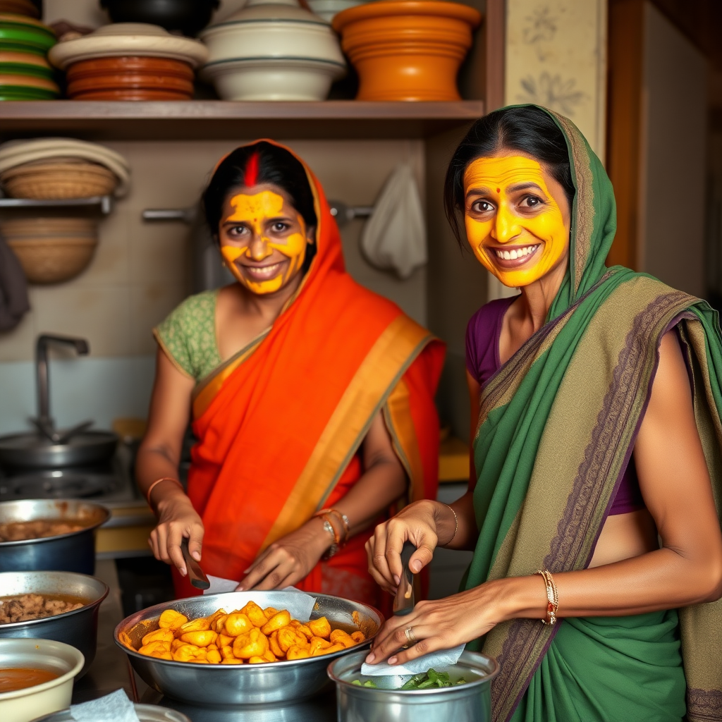 2 skinny, happy, traditional, 30-year-old Indian maids. They are preparing food in the kitchen. Their faces are covered with a turmeric face mask.