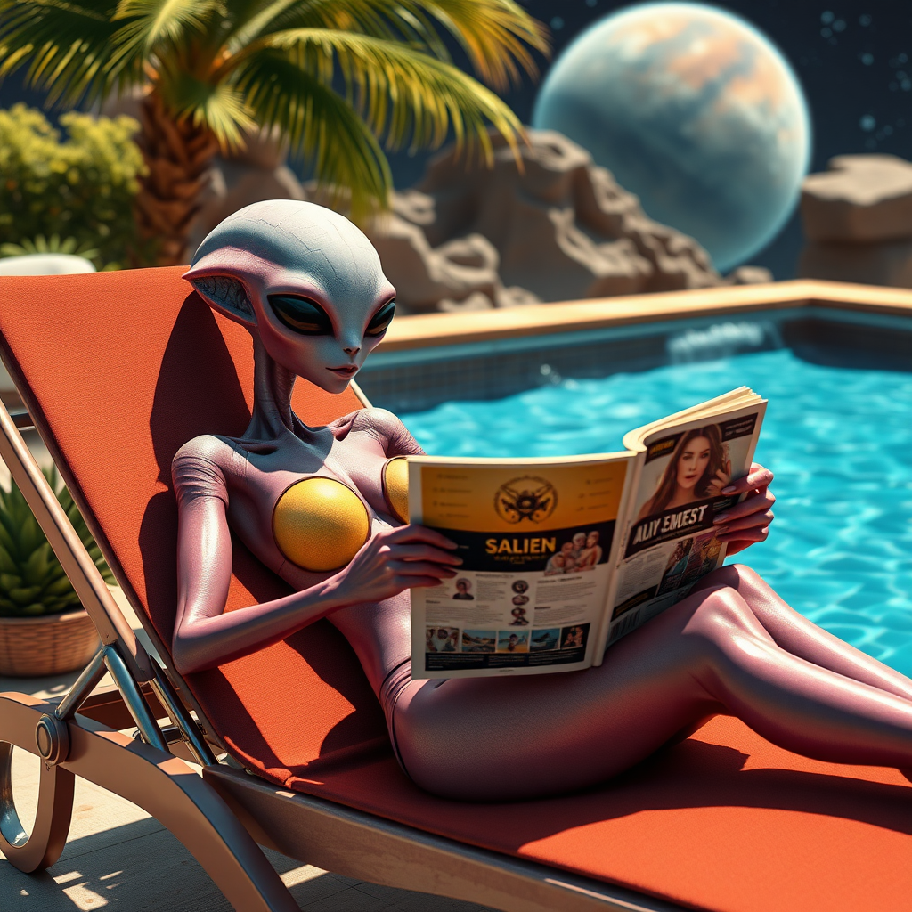 An alien but human-like female, sitting in a sun lounger and reading an alien magazine. She is sitting by the pool. Alien planet.