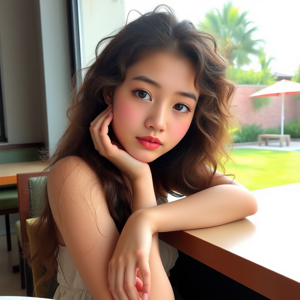 A young, 18-year-old beautiful Xiaohongshu influencer, with fair skin, big eyes, long curly hair, an oval-shaped face, very thin, sitting in a café, leaning on the table, with green grass and a swimming pool outside the window.