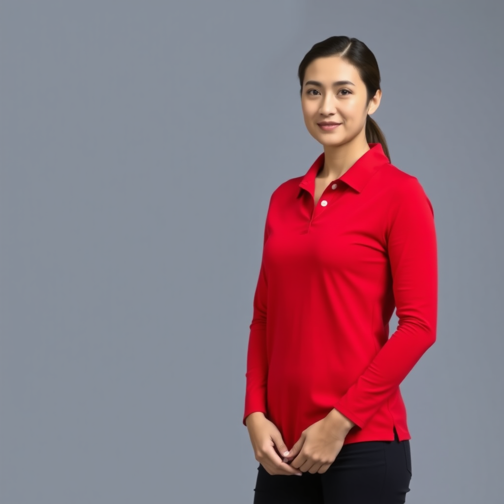 A woman wearing a red long-sleeved polo shirt. full body.