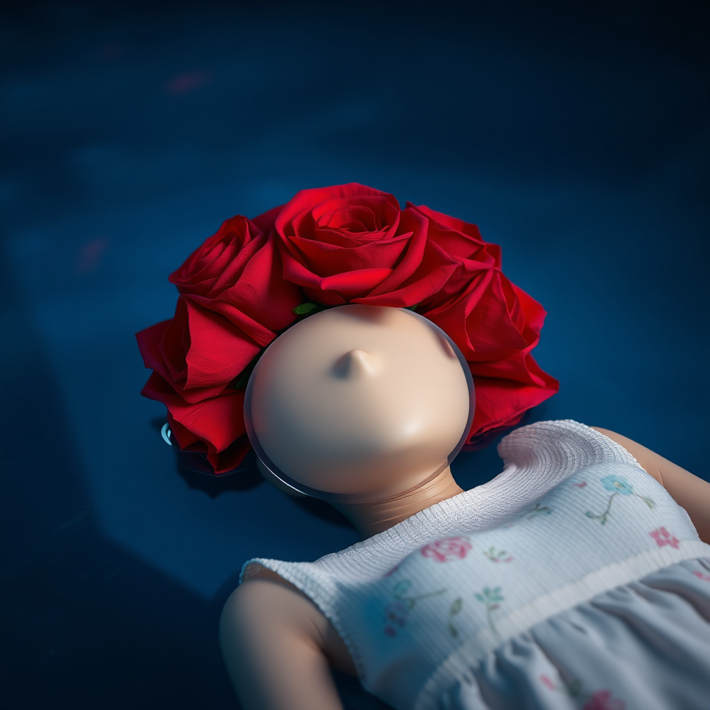 A red rose bouquet head, no human, front view, wearing a white textured dress with pastel minimal floral print design, closeup shot, hyperrealistic, lying inside water with blue and pink effect, nighttime, dark