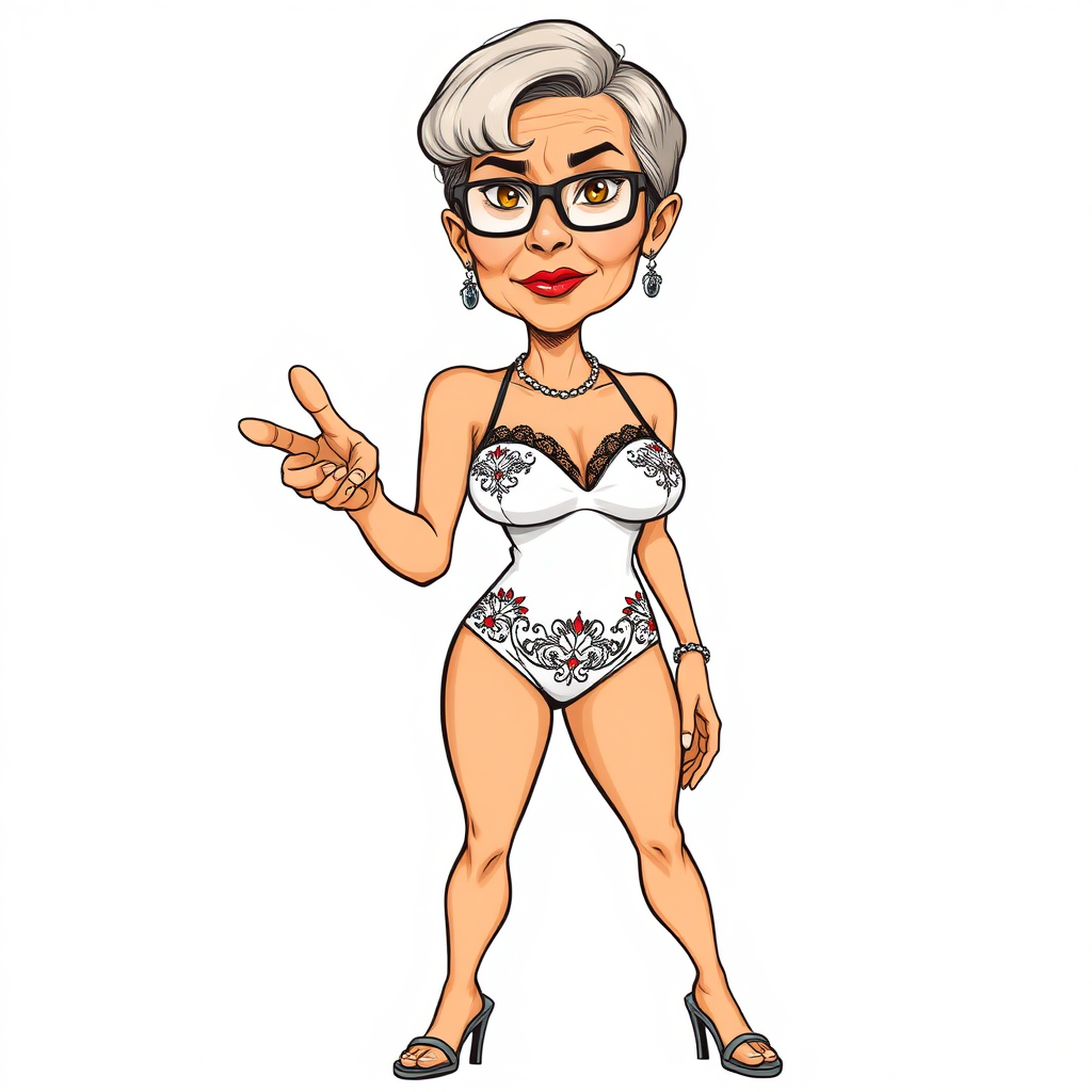 a towering 55 Years old, fit, slim, European, Latina, sharp aquiline nose, wrinkles, high cheekbones, Middle Eastern, Skinny, Tanned skin, Dark light skin, Rounded Medium breasts, Skinny thighs, full Makeup, jewelry, Serious face, Sharp nose, Ash hair, short bowl haircut, Brown eye color, Glasses, with detailed features. she is wearing embroidered black mesh balconette bras and a tight white high cut 1980s cut out swimsuit, detailed fabric.  full body, high heels sandals, she is gesturing at the viewer, sweating, 
long establishing shot, 2D, caricature, cartoon, Sketch lines, coloring book, nlack and white, coloring book style on white background, well composed, clean coloring book page, No dither, no gradient, strong outline, No fill, No solids, vector illustration, realistic proportions