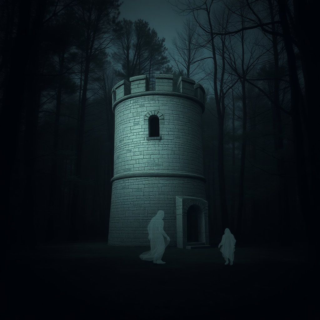 A small, old and worn, round medieval stone tower in a dark forest clearing with very faint ghost-like forms around it.