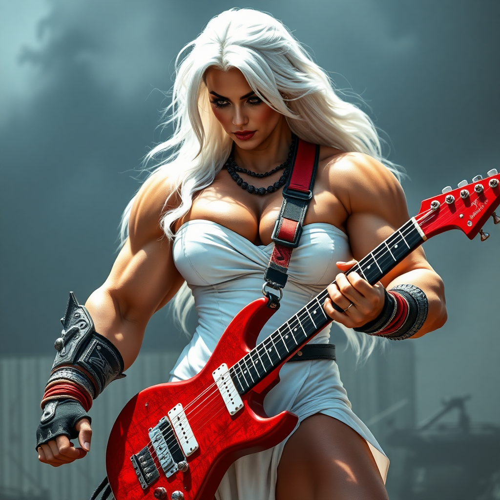 massive huge strong jacked muscular bodybuilder girl, white strapless dress, warrior princess, white hair, playing rock red guitar