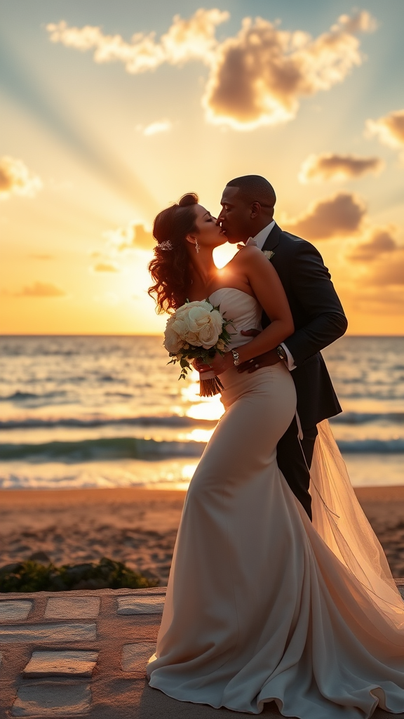 In the background, Sofia Loren and Denzel Washington elegantly dressed, she heels and he patent leather shoes, he passionately kisses the bride, in the background the sea with a beautiful beach, sunset sky with the sun's rays with clouds. 16K ultra-high definition.