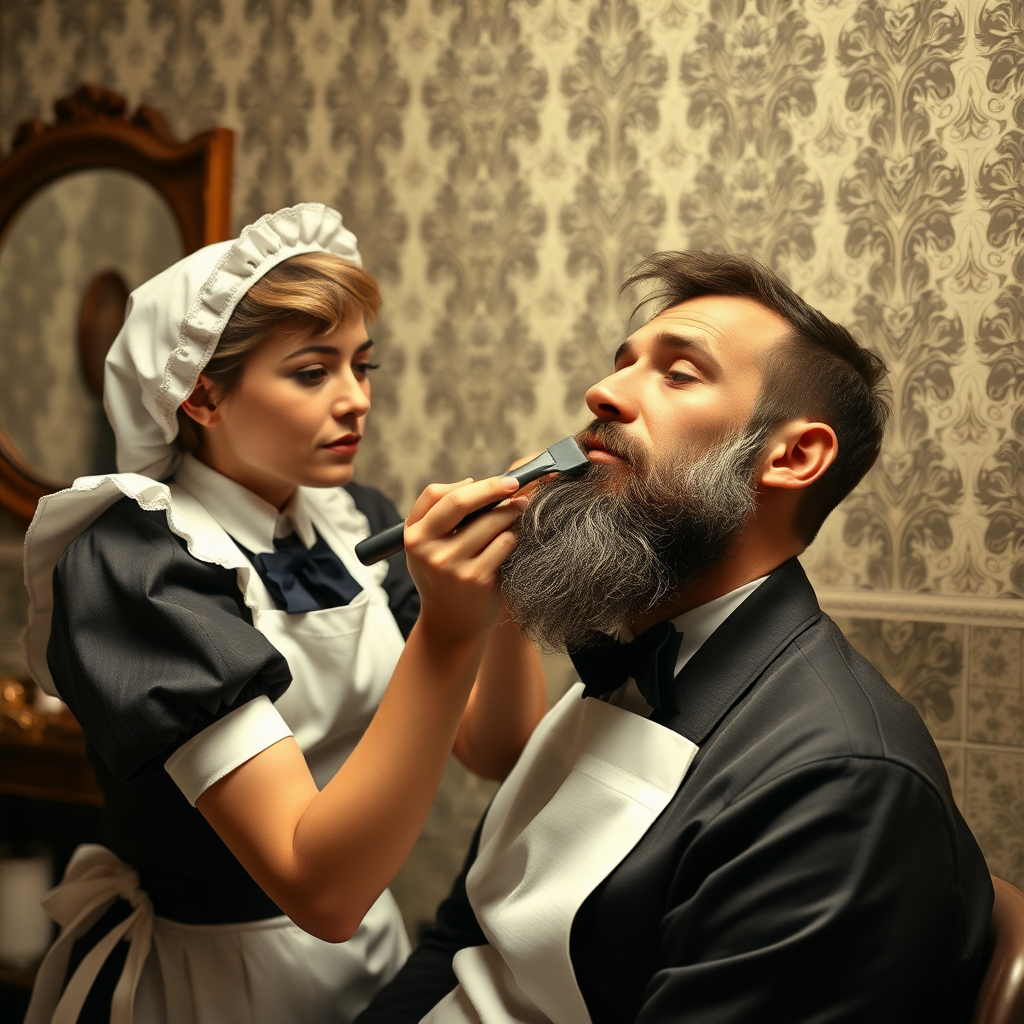 french maid, shaving a man's beard